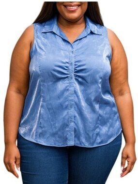 Blue Diamond Plus Size 18W Top Sleeveless Ruched Collared Button-Up Shiny Blue
